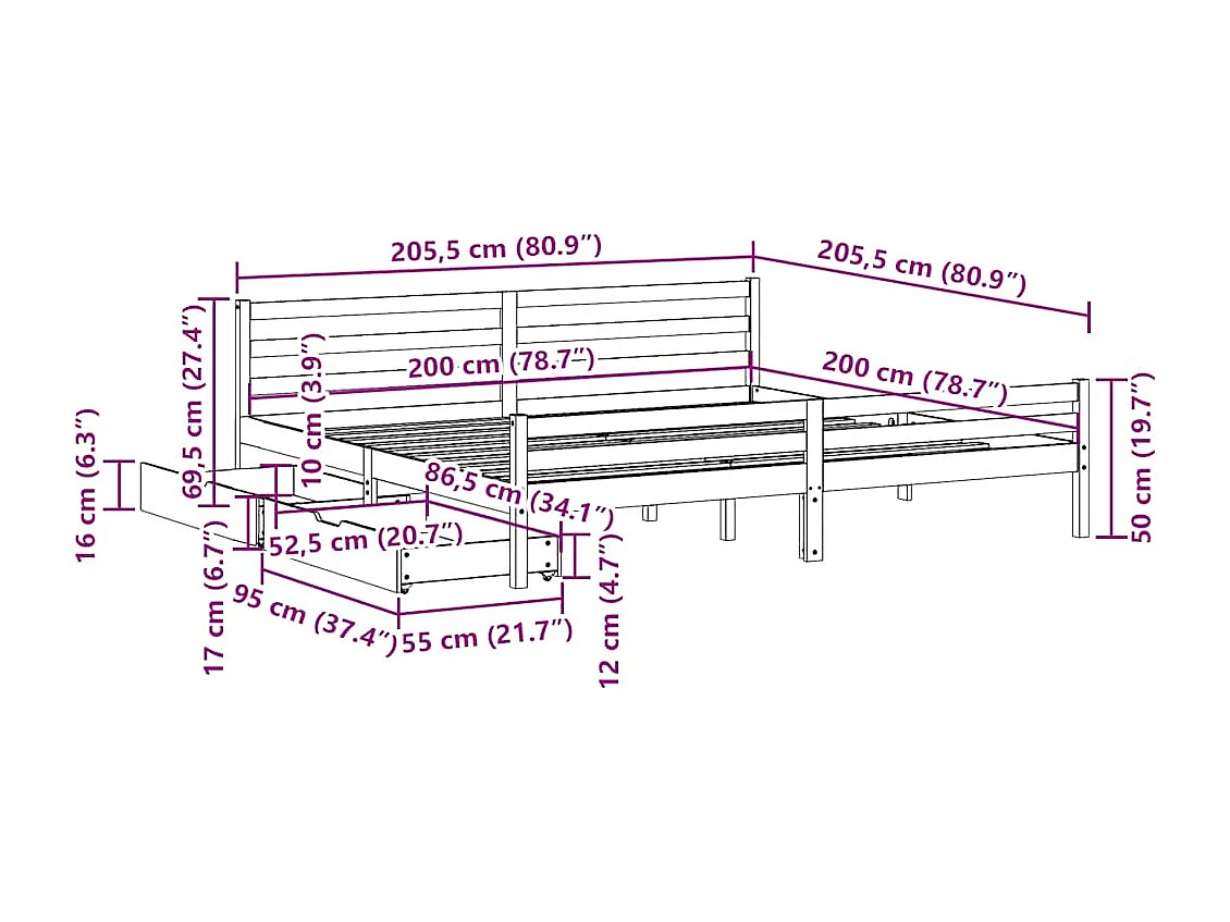 Cadre de lit sans matelas blanc 200x200 cm bois massif de pin