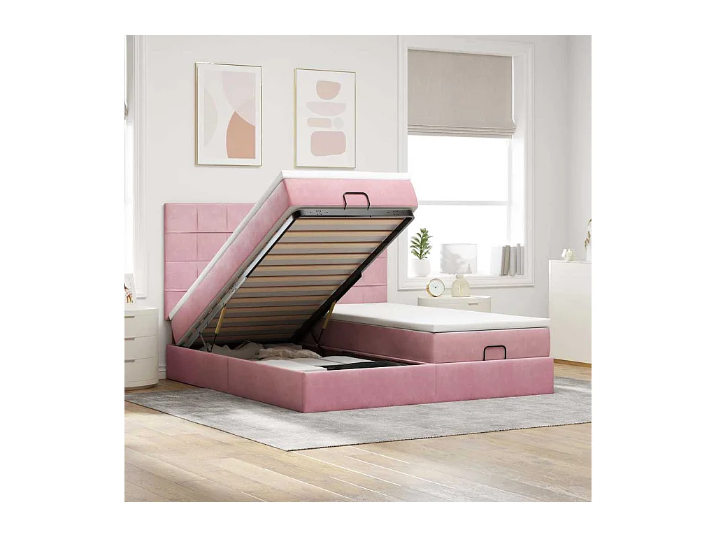 Cadre de lit ottoman avec matelas rose 200x200 cm velours