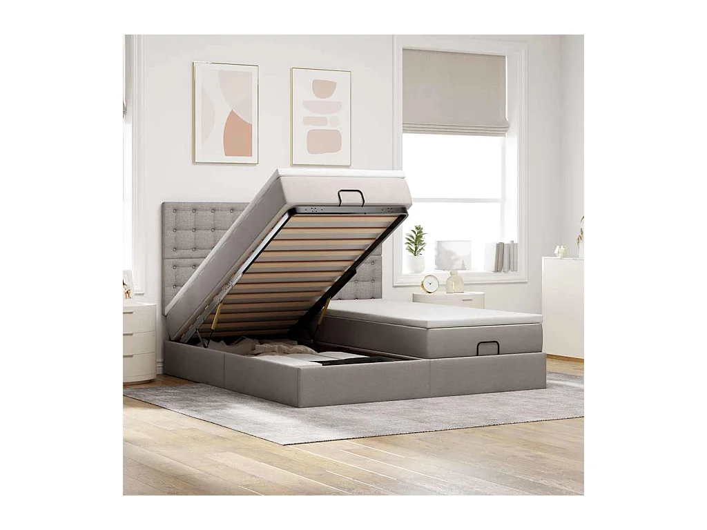 Struttura Letto Pouf con Materassi Tortora 200x200 cm Tessuto