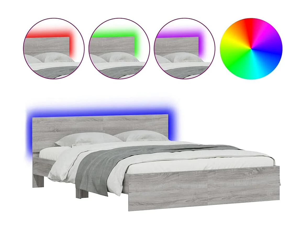 Bettgestell mit Kopfteil LED-Beleuchtung Grau Sonoma 150x200 cm