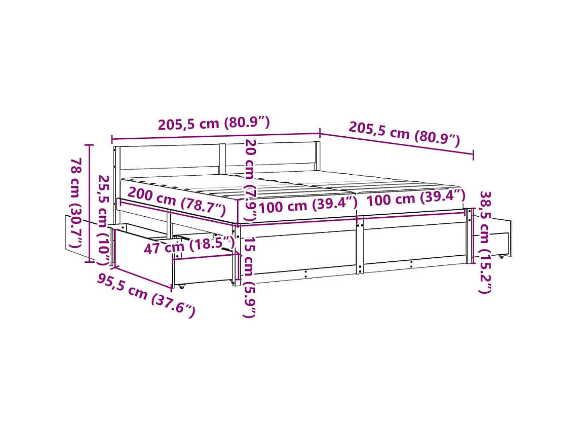 Bed met lades en matras massief grenenhout 200x200 cm