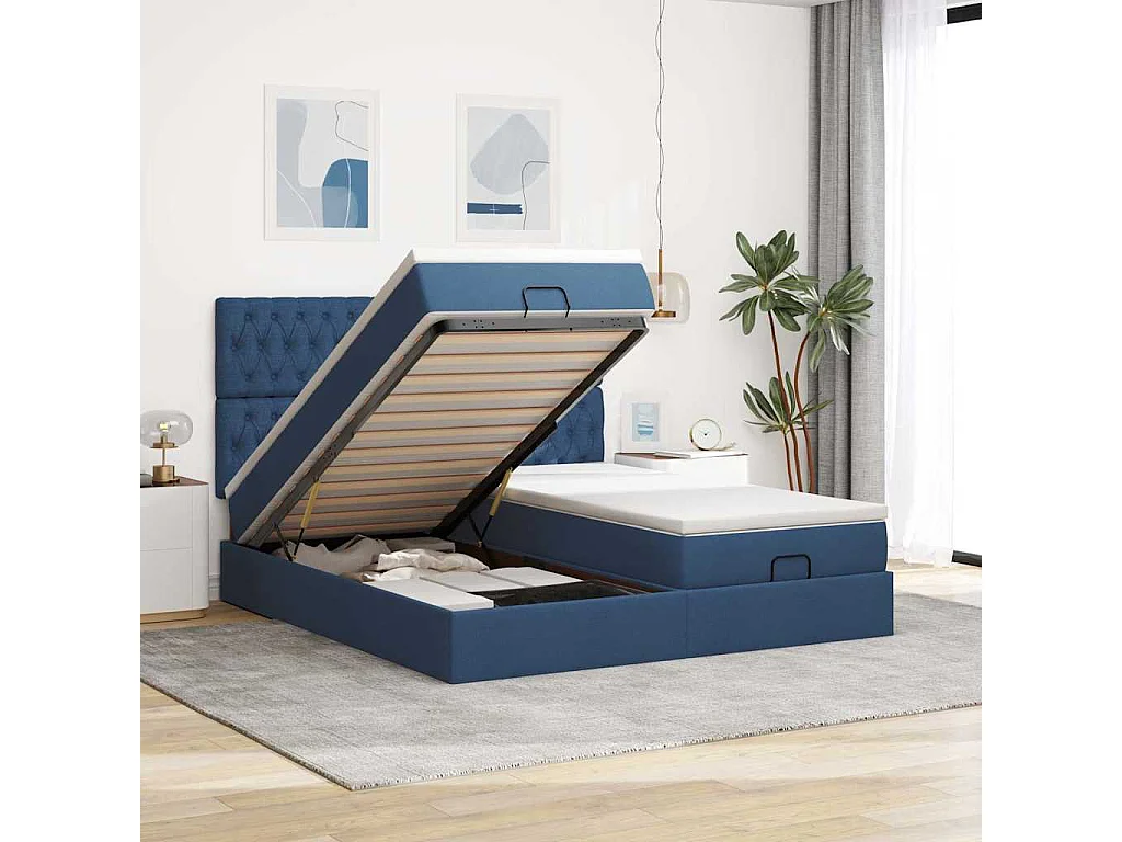 Cadre de lit ottoman avec matelas bleu 200x200cm tissu