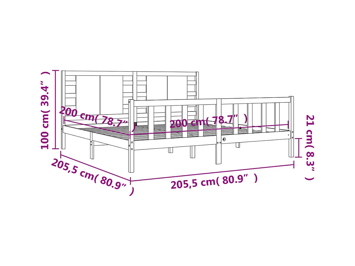 Cadre de lit sans matelas noir 200x200 cm bois massif de pin