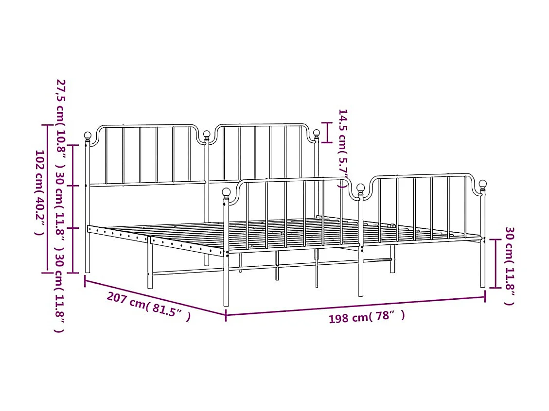 Cadre de lit métal sans matelas avec pied de lit noir 193x203cm