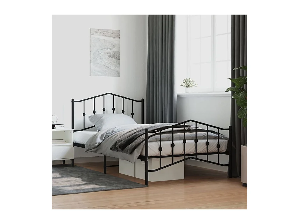 Cadre de lit métal sans matelas avec pied de lit noir 107x203cm