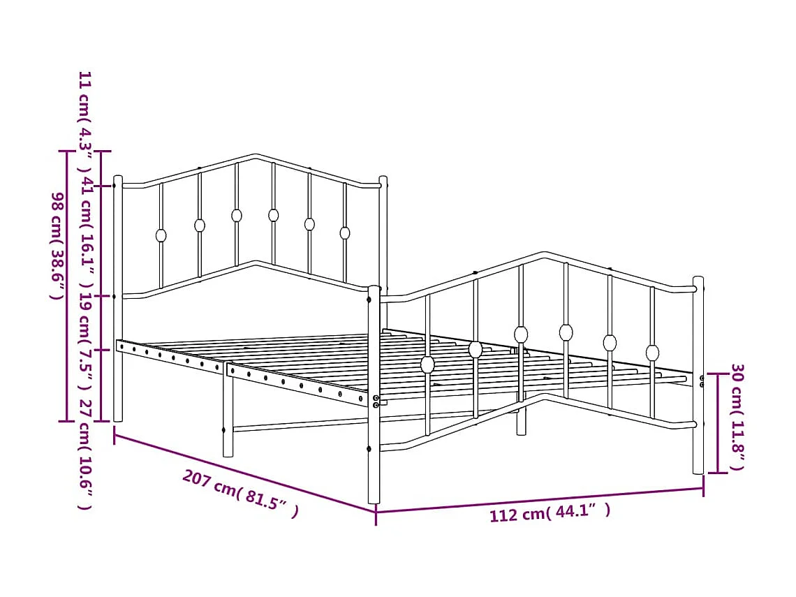 Cadre de lit métal sans matelas avec pied de lit noir 107x203cm