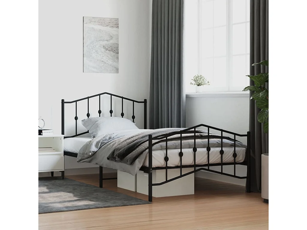 Cadre de lit métal sans matelas avec pied de lit noir 107x203cm