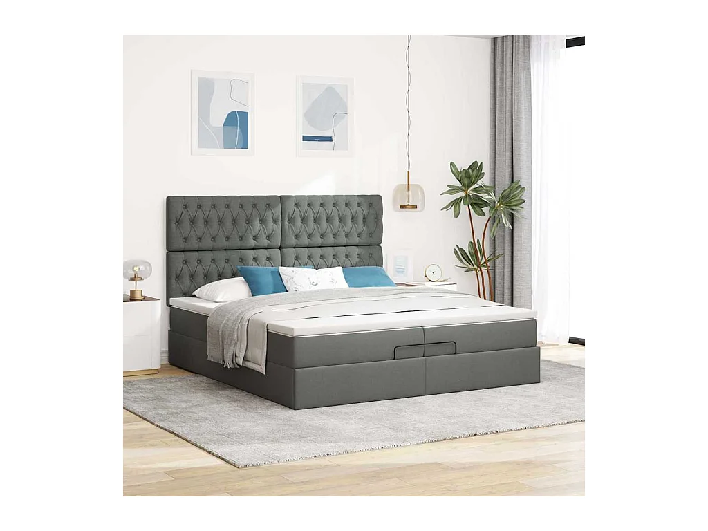 Cadre de lit ottoman avec matelas gris foncé 200x200cm tissu