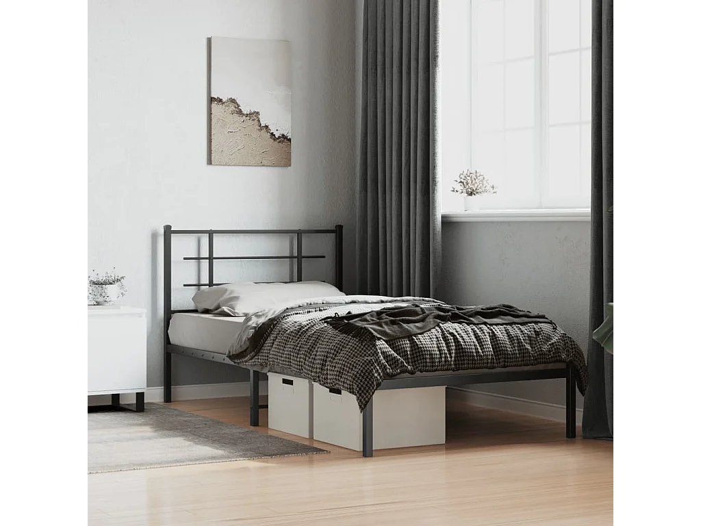 Cadre de lit métal sans matelas avec tête de lit noir 107x203cm