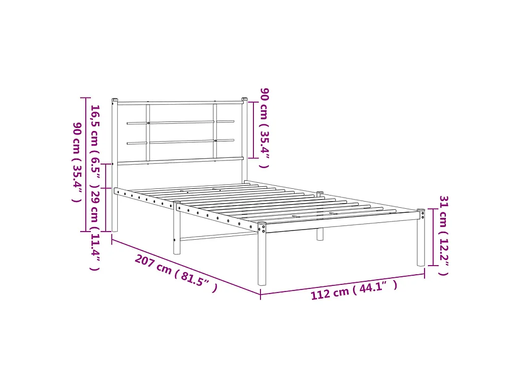 Cadre de lit métal sans matelas avec tête de lit noir 107x203cm
