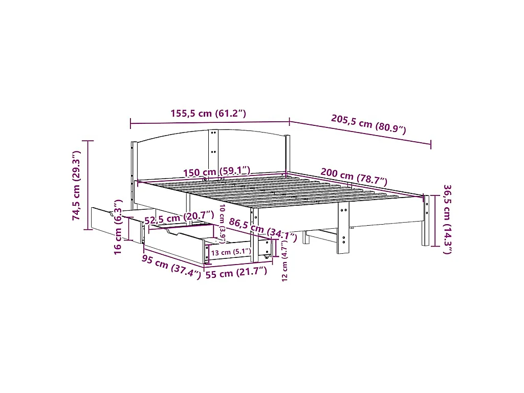 Cadre de lit sans matelas blanc 150x200 cm bois de pin massif