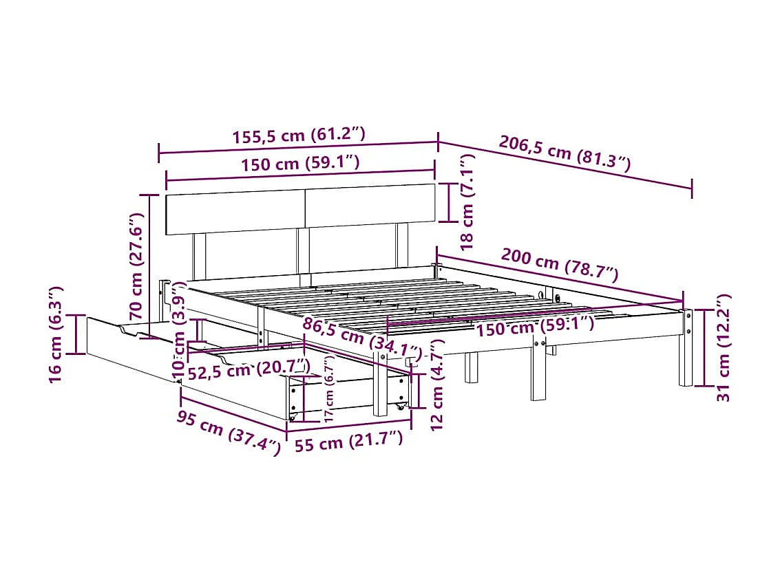 Massivholzbett ohne Matratze Weiß 150x200 cm Kiefernholz