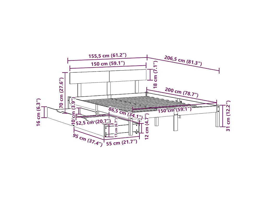Letto senza Materasso Bianco 150x200 cm Legno Massello di Pino