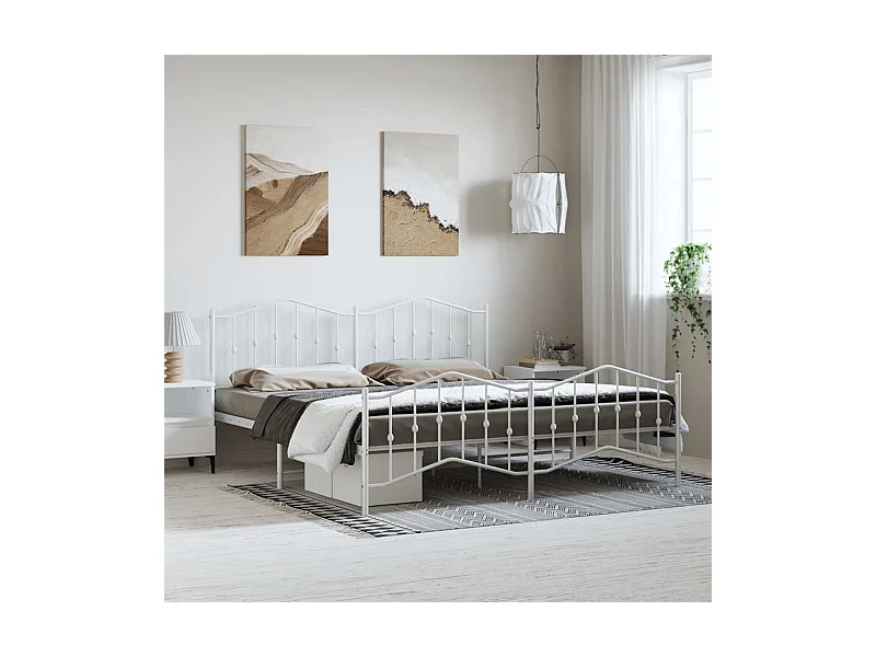 Cadre de lit métal sans matelas et pied de lit blanc 193x203 cm