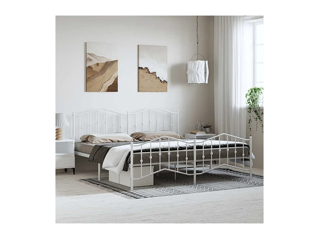 Cadre de lit métal sans matelas et pied de lit blanc 193x203 cm