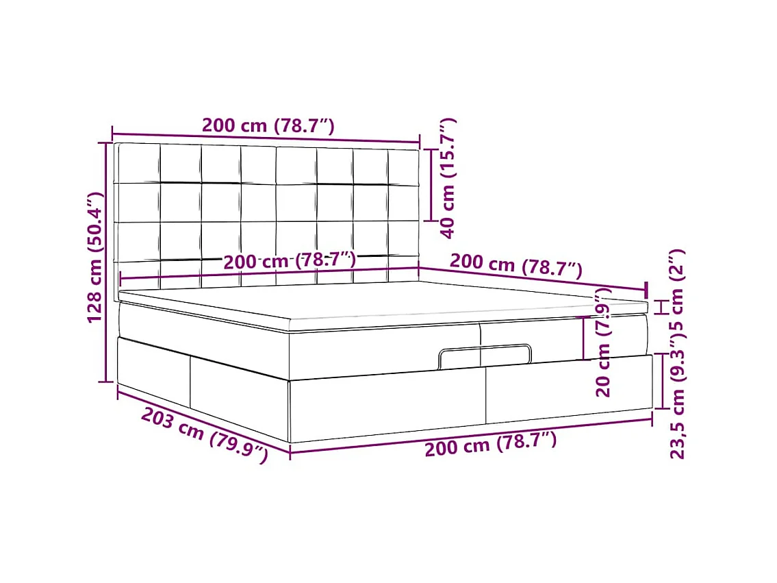 Cadre de lit ottoman avec matelas noir 200x200cm velours
