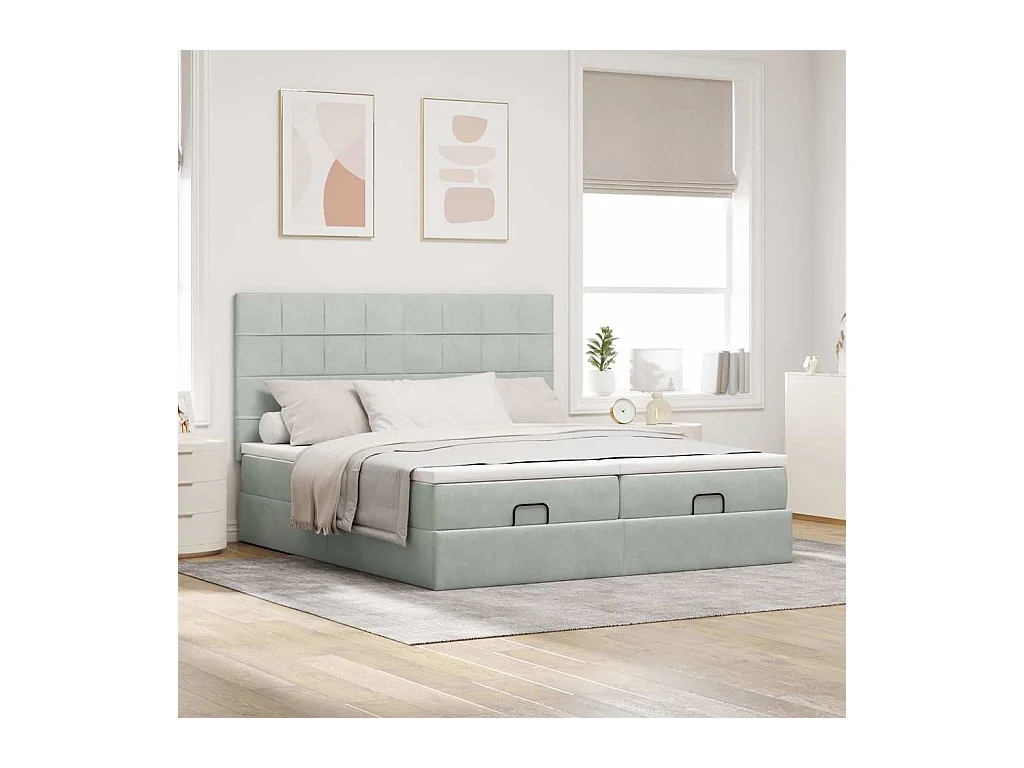 Ottoman-Bett mit Matratzen & LEDs Hellgrau 200x200 cm Samt