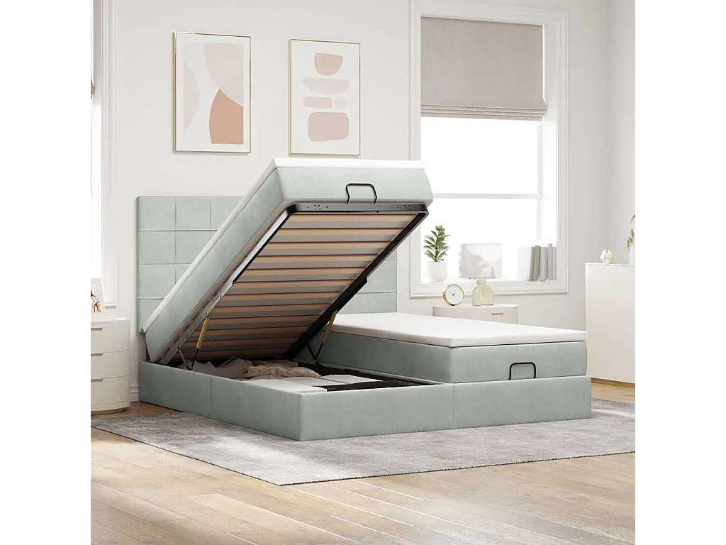 Cadre de lit ottoman avec matelas gris clair 200x200 cm velours