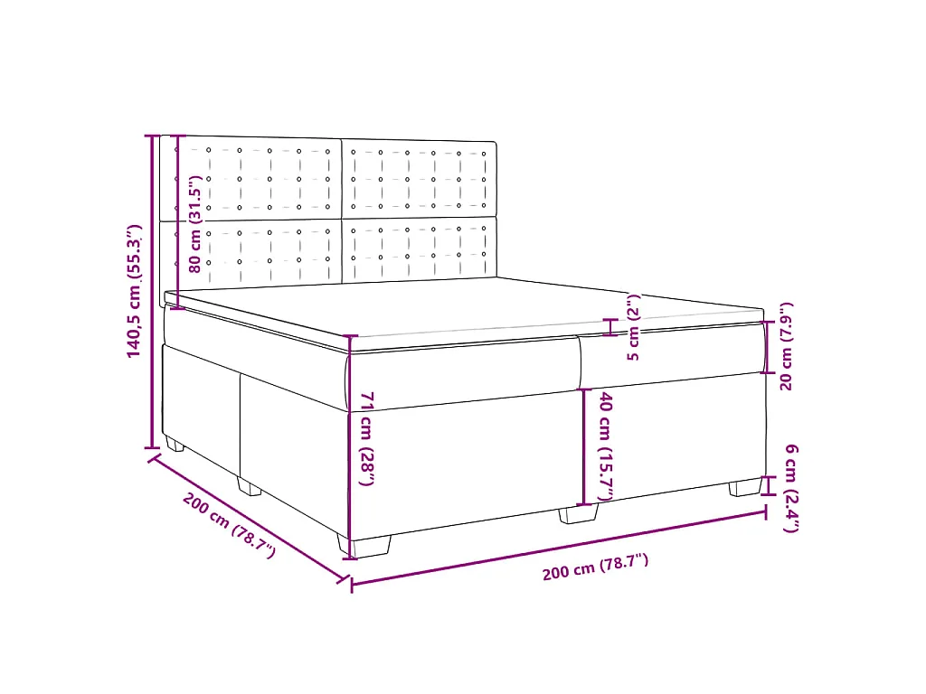 Cama box spring con colchón tela gris taupe 200x200 cm