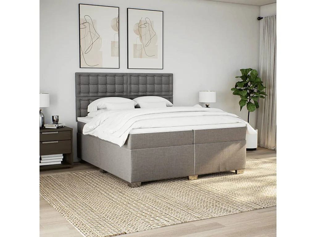Cama box spring con colchón tela gris taupe 200x200 cm