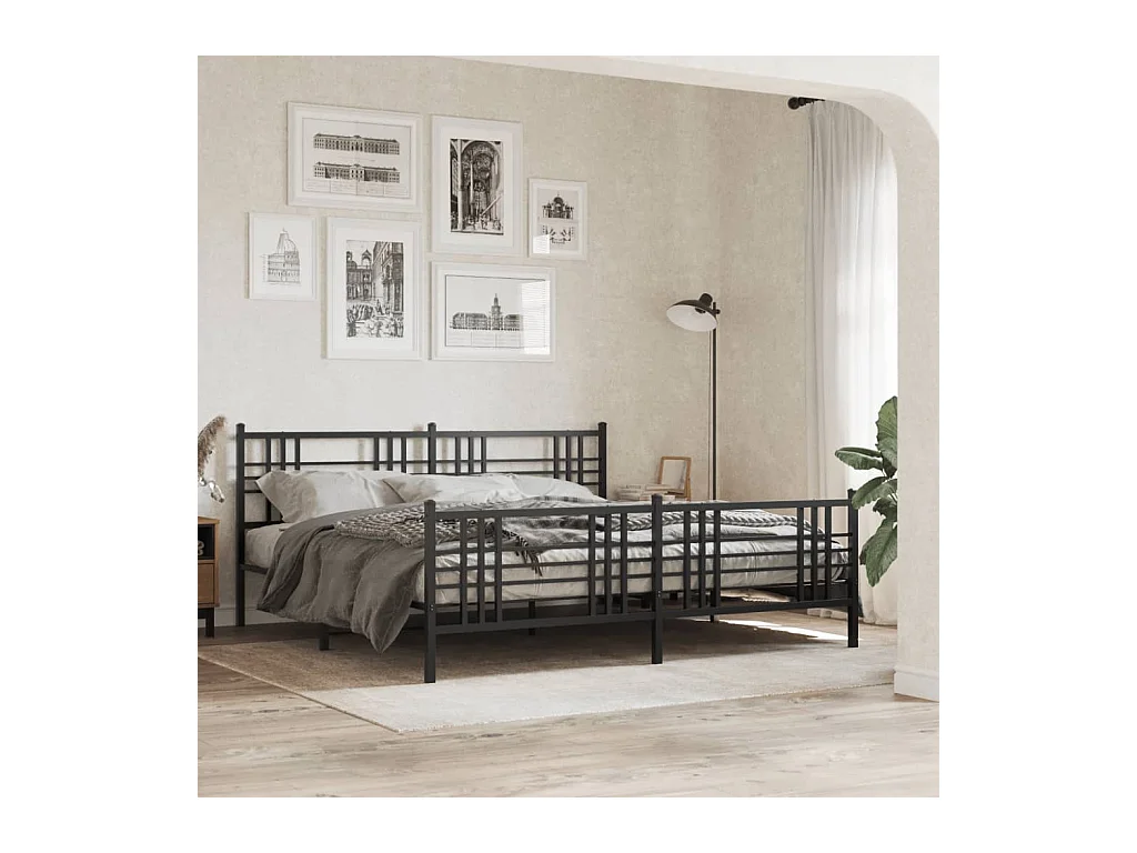 Cadre de lit métal sans matelas avec pied de lit noir 193x203cm