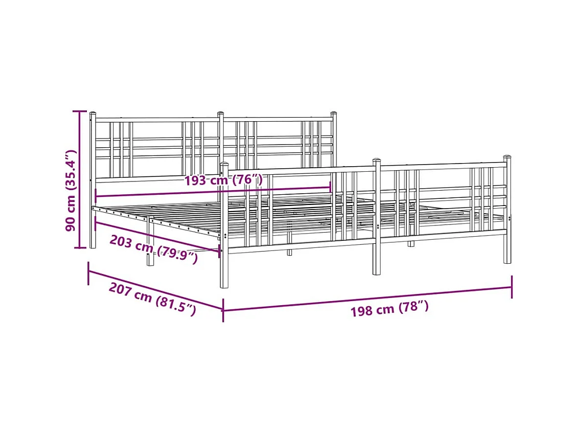 Cadre de lit métal sans matelas avec pied de lit noir 193x203cm