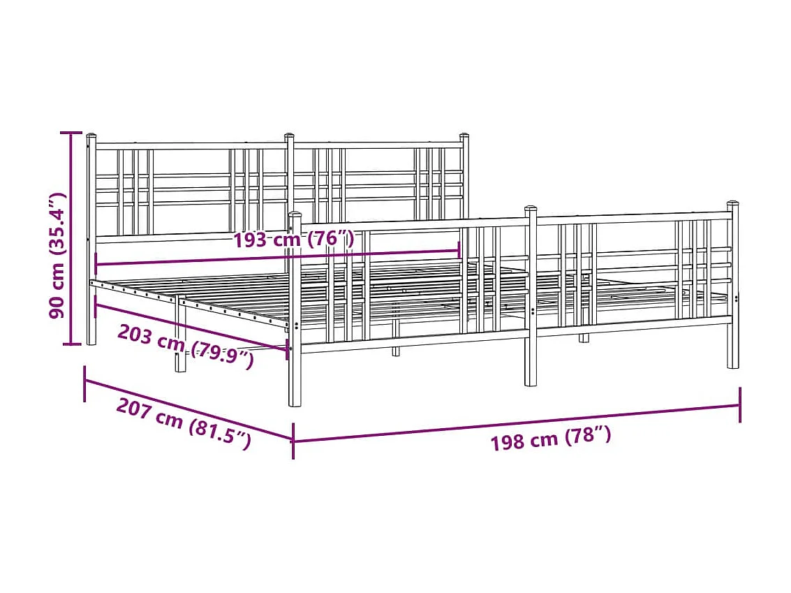 Cadre de lit métal sans matelas avec pied de lit noir 193x203cm