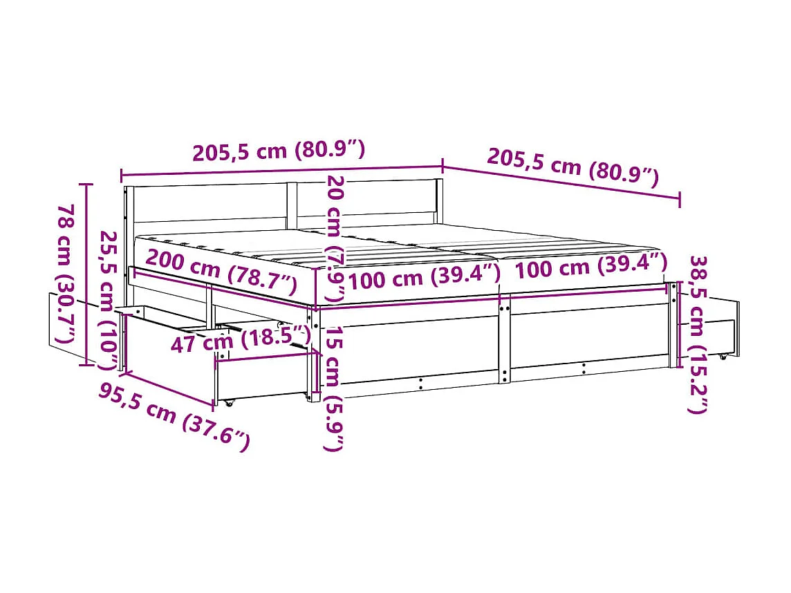 Lit avec tiroirs/matelas cire marron 200x200 cm bois massif pin