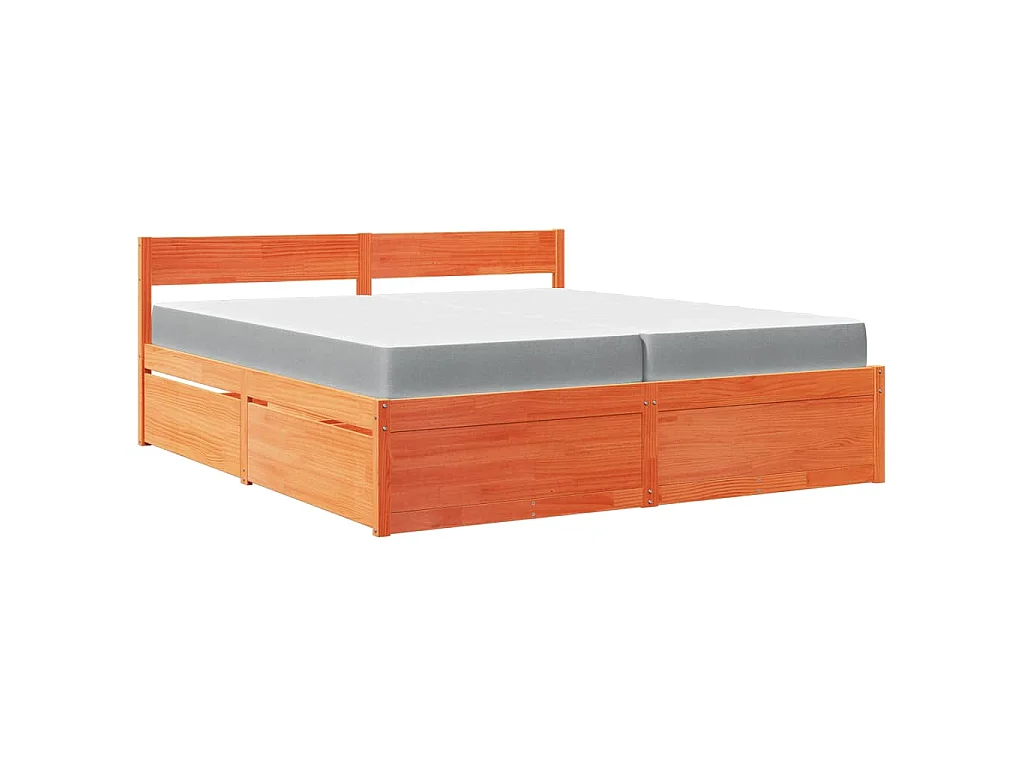 Letto Cassetti e Materasso Marrone Cera 200x200cm Massello Pino