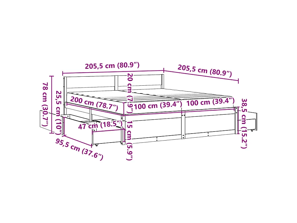 Letto Cassetti e Materasso Marrone Cera 200x200cm Massello Pino