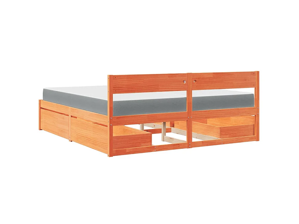 Letto Cassetti e Materasso Marrone Cera 200x200cm Massello Pino