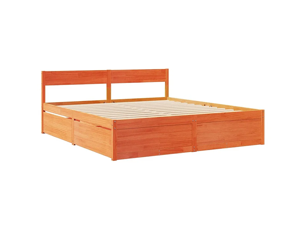 Letto Cassetti e Materasso Marrone Cera 200x200cm Massello Pino