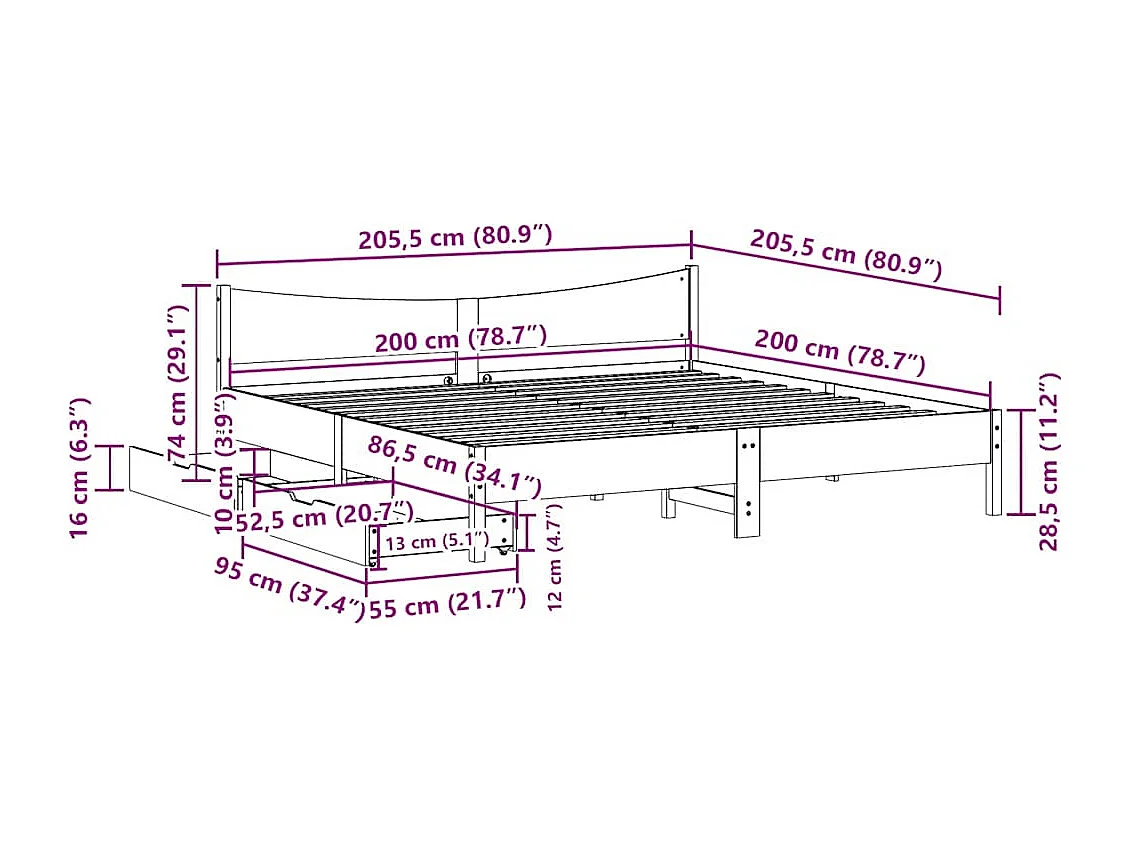 Bedframe met lades massief grenenhout wasbruin 200x200 cm