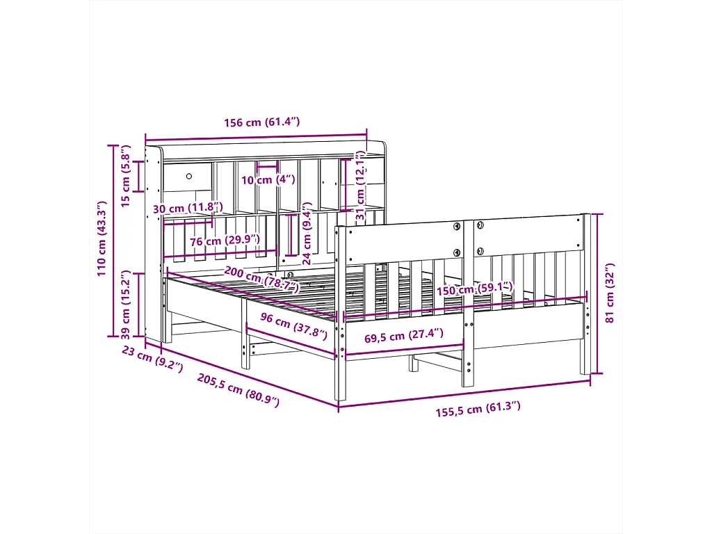 Bedframe zonder matras massief grenenhout wit 150x200 cm