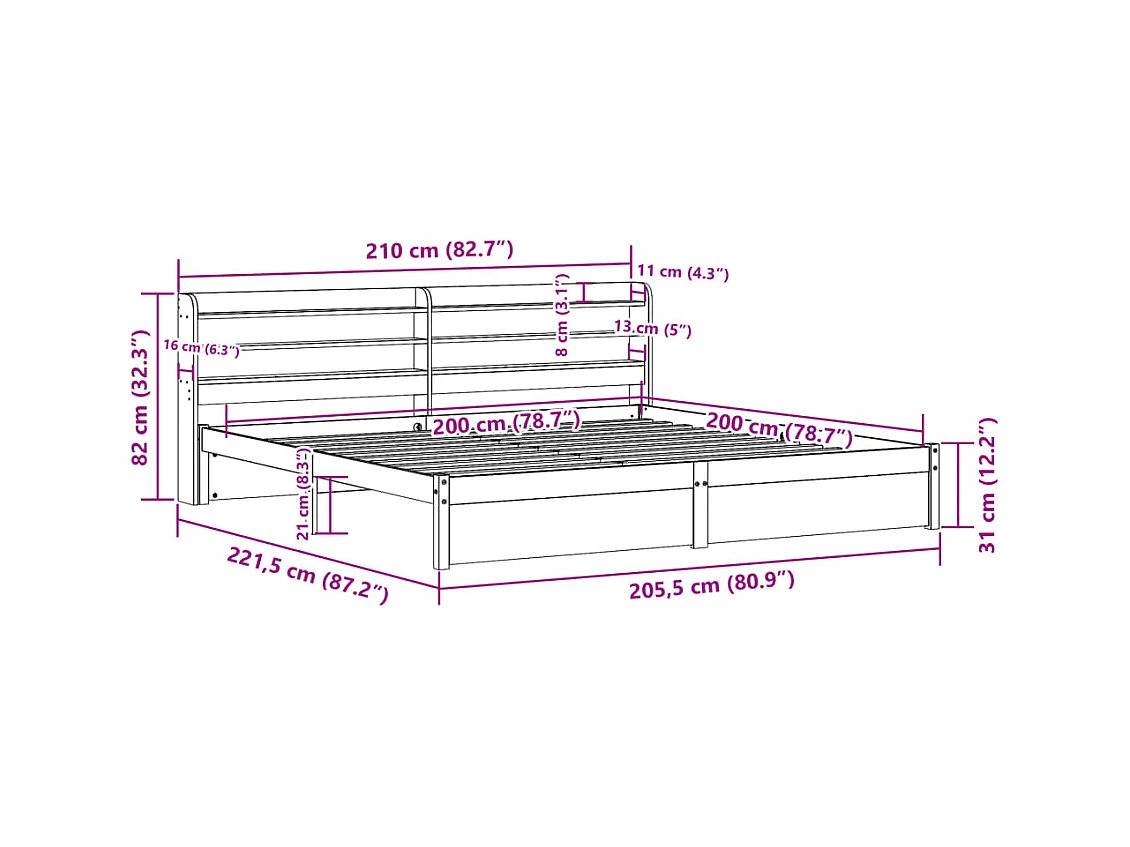 Estructura de cama con cabecero madera maciza de pino 200x200cm