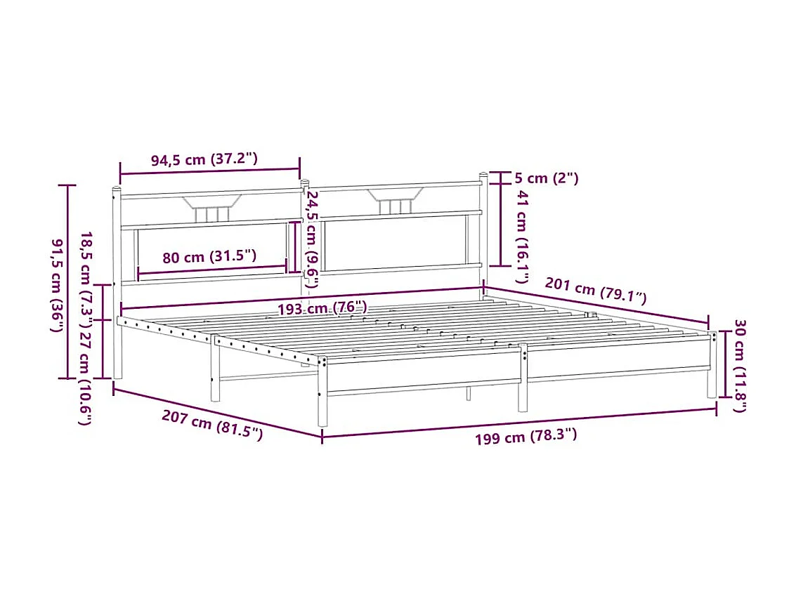 Metallbett ohne Matratze Braun Eichen-Optik 193x201 cm