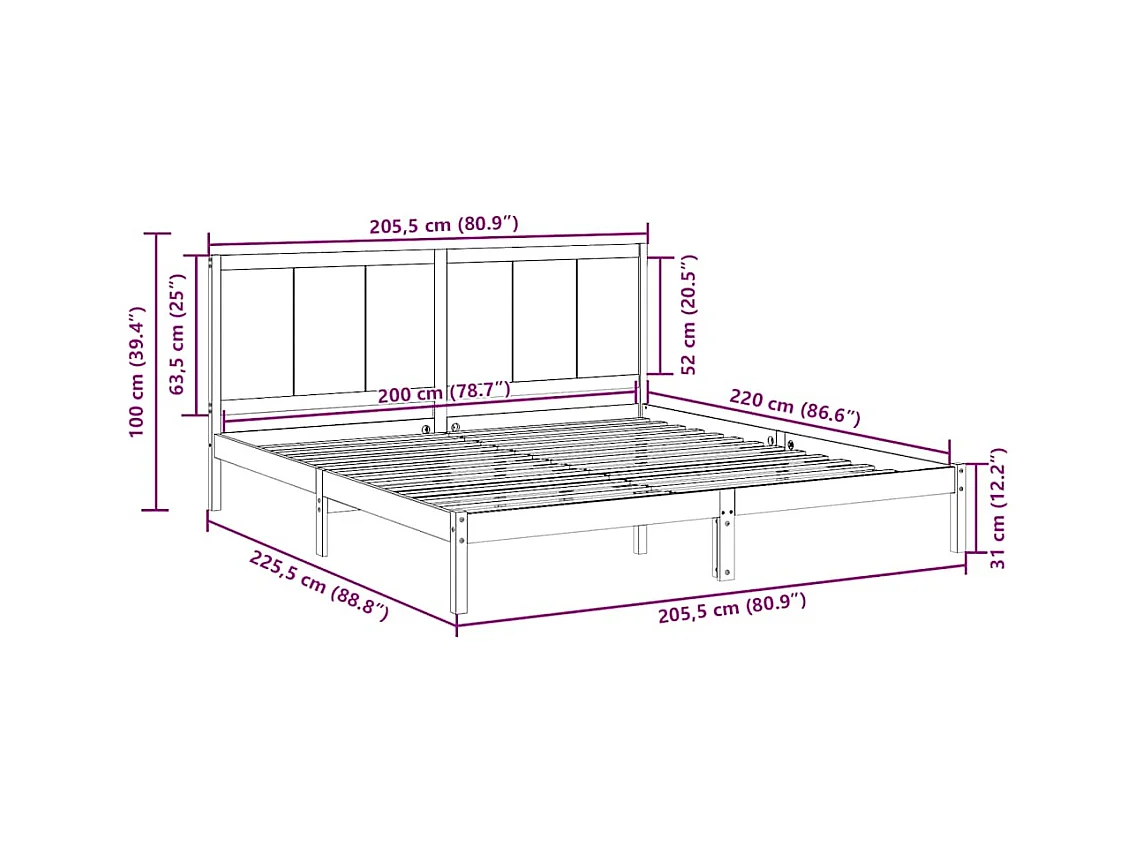 Cadre de lit extra long sans matelas 200x220 cm bois massif