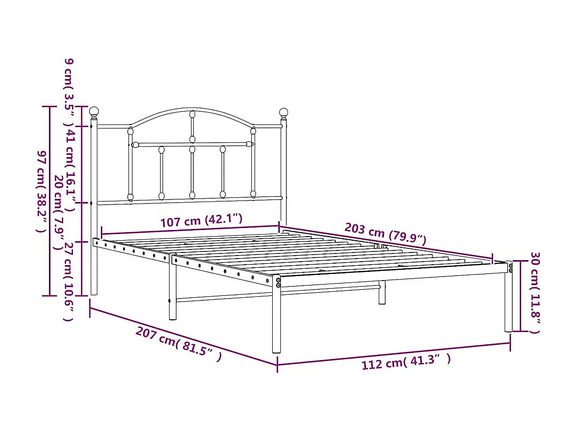 Cadre de lit métal sans matelas et tête de lit blanc 107x203 cm