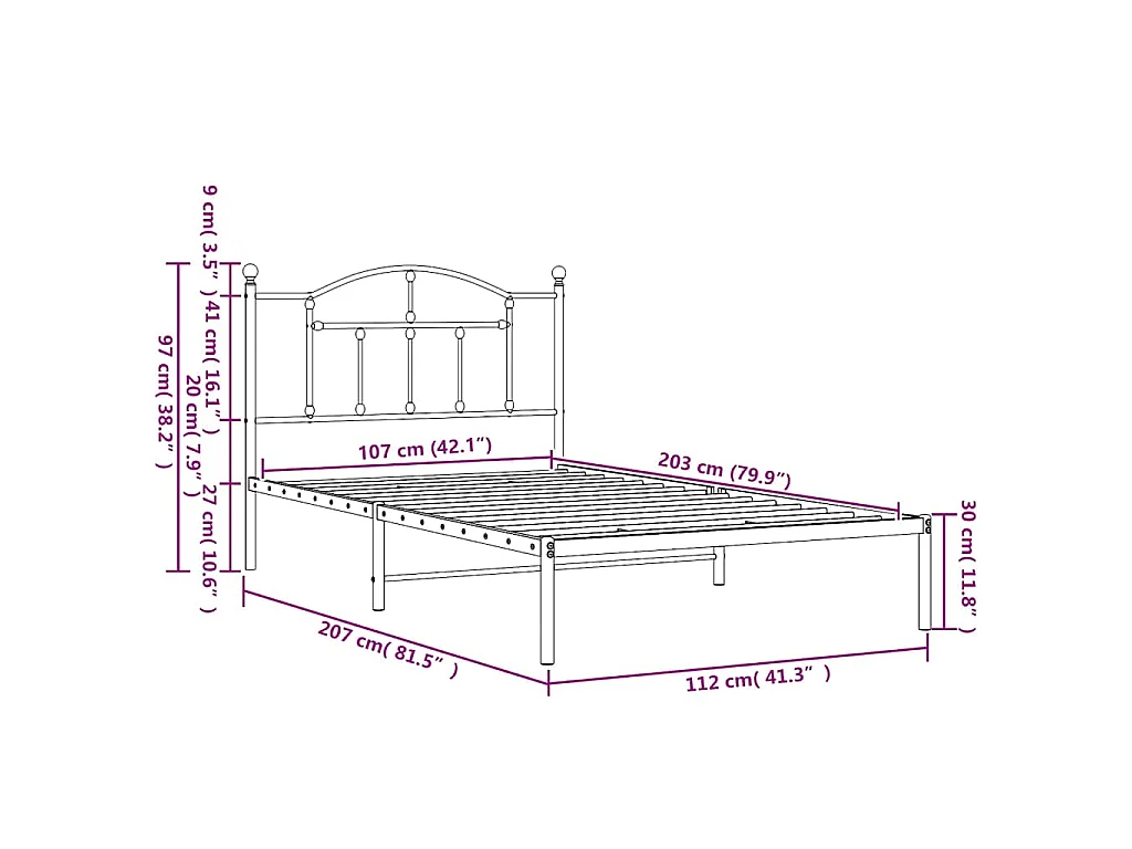 Bedframe met hoofdbord metaal wit 107x203 cm
