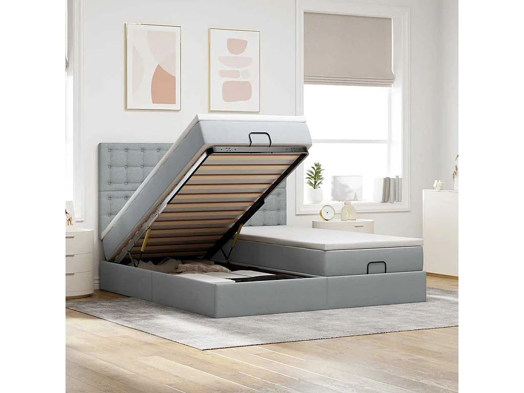 Cadre de lit ottoman et matelas gris clair 200x200cm tissu