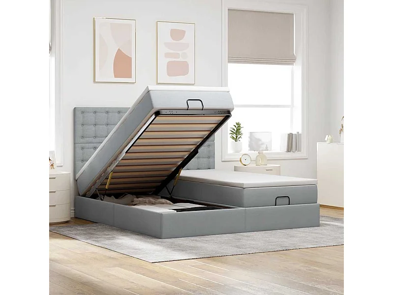 Ottoman bed met matrassen en LED's 200x200cm stof lichtgrijs