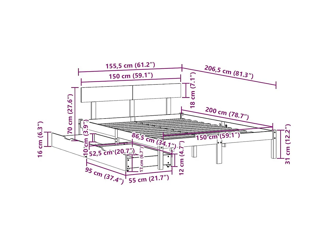 Cadre de lit sans matelas 150x200 cm bois de pin massif