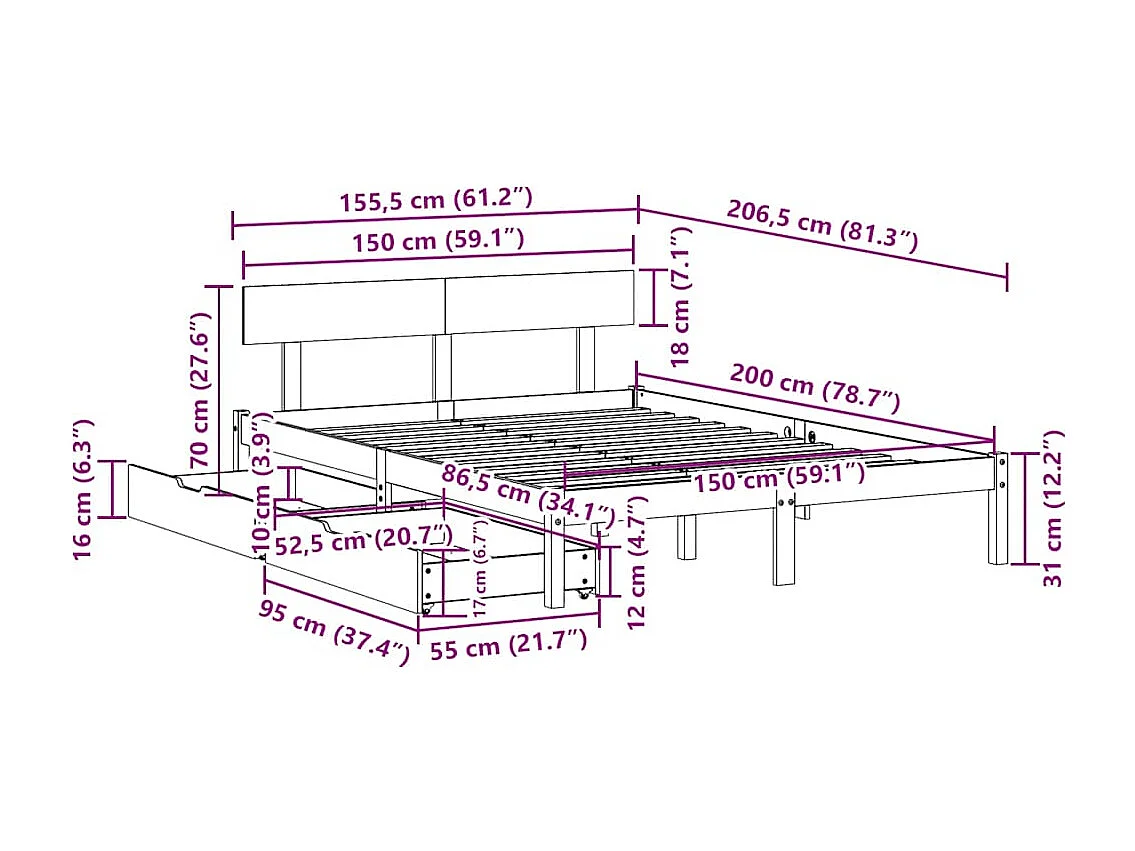 Massivholzbett ohne Matratze 150x200 cm Kiefernholz