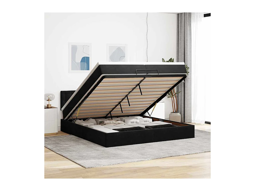 Cadre de lit ottoman avec matelas noir 200x200cm velours