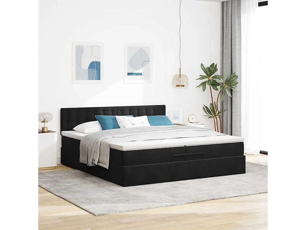 Estructura de cama otomana colchones terciopelo negro 200x200cm