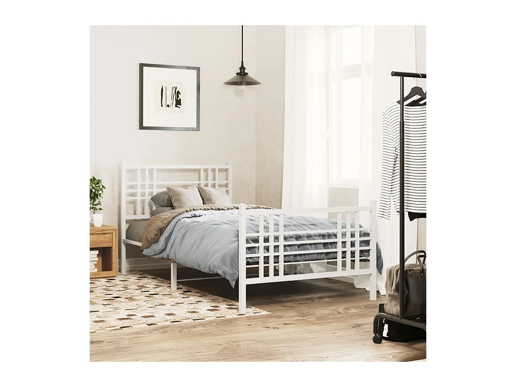 Cadre de lit métal sans matelas et pied de lit blanc 107x203 cm