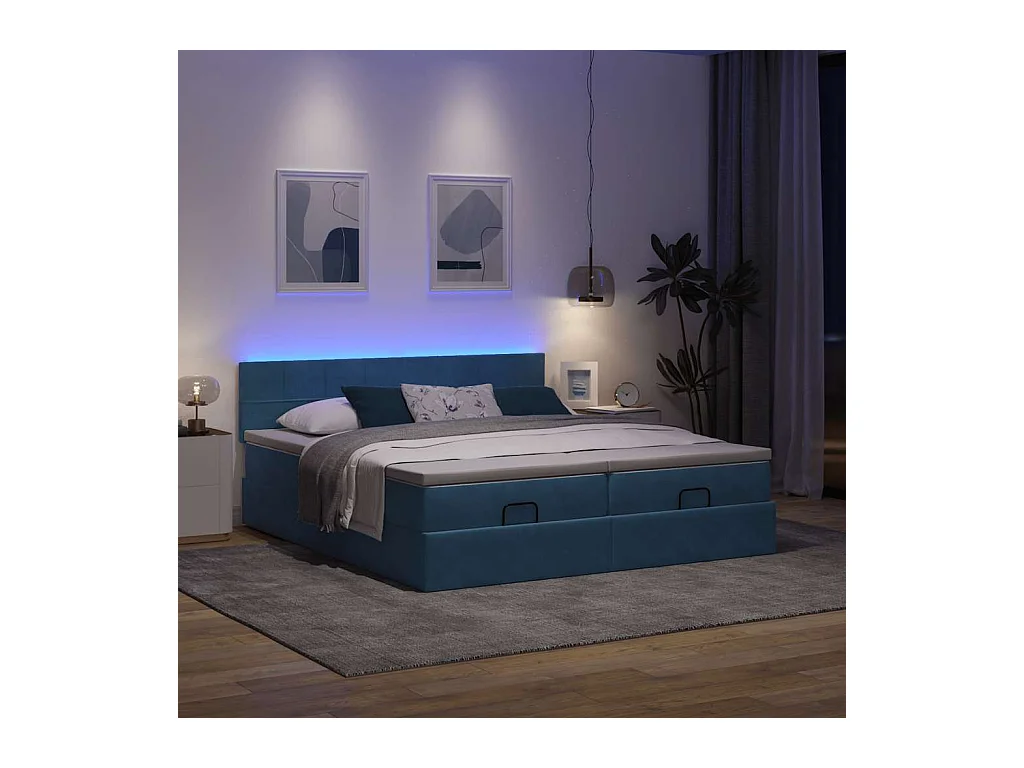 Pouf Letto con Materassi e LED Blu Scuro 200x200cm Velluto