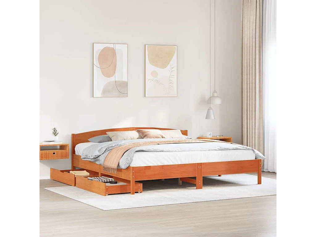 Cama sin colchón madera maciza de pino marrón cera 200x200 cm