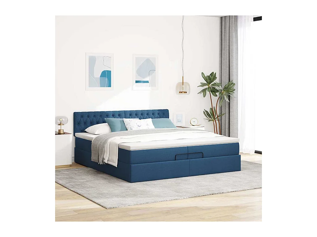Cadre de lit ottoman avec matelas bleu 200x200cm tissu