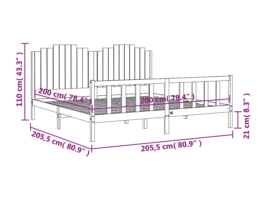 Cadre de lit sans matelas noir 200x200 cm bois massif de pin